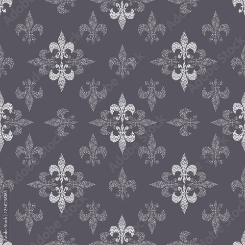 Seamless pattern illustration of abstract stylized lilies with mixed prints and optical illusion styles and 3d shapes. Smoky grey and white vector illustration.