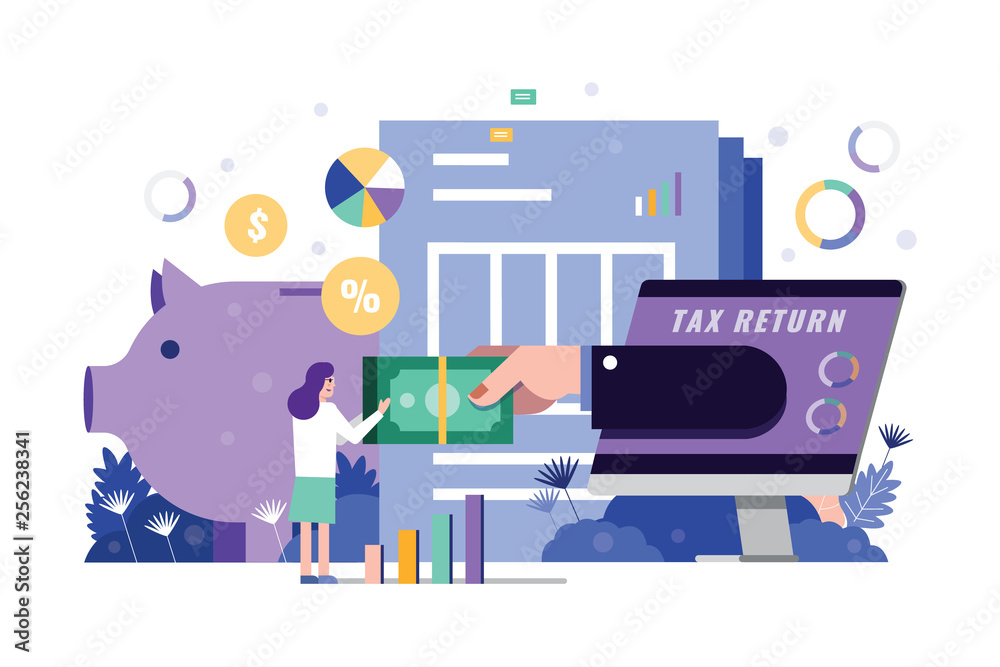 Woman receive tax return form hand on computer desktop. Piggy bank and tax documents in background. Tax online platforms concept. Flat design element. Vector illustration.