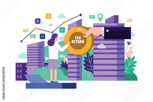 Woman receive tax return. Modern building in background. Flat design element. Vector illustration.