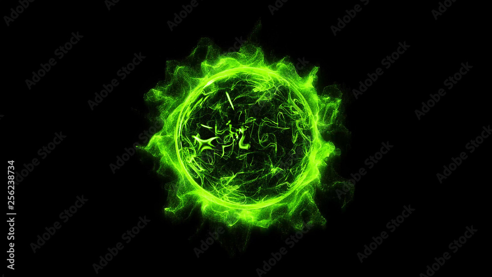 Green circular shinning glowing light ring sparkle powerful effect dust explosion. Scatter bright neon on black background. Star frame galaxy and space digital concept.
