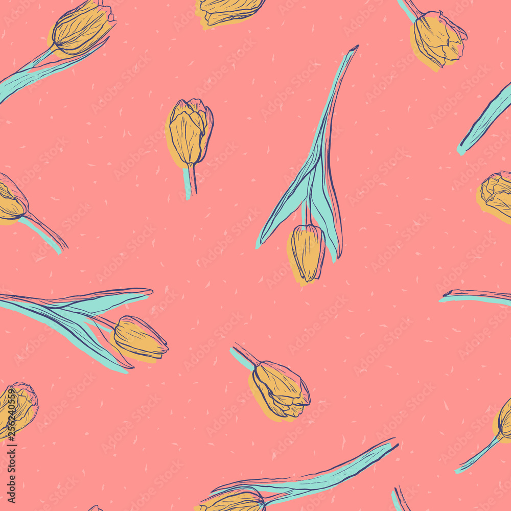 Seamless pattern with yellow tulips on coral background. Hand drawn ink sketch with spring flowers. Flat floral background in pastel colors.