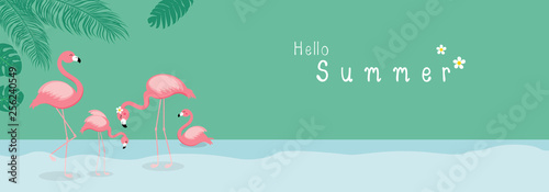 Summer concept design of flamingo with tropical leaves in the forest vector illustration