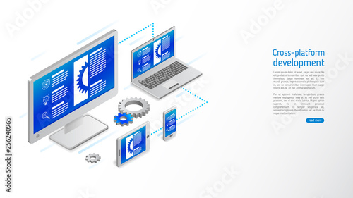 Cross platform website development . Multiplatform web page concept for pc, laptop, tablet and smartphone. Adaptive responsive webdesign.