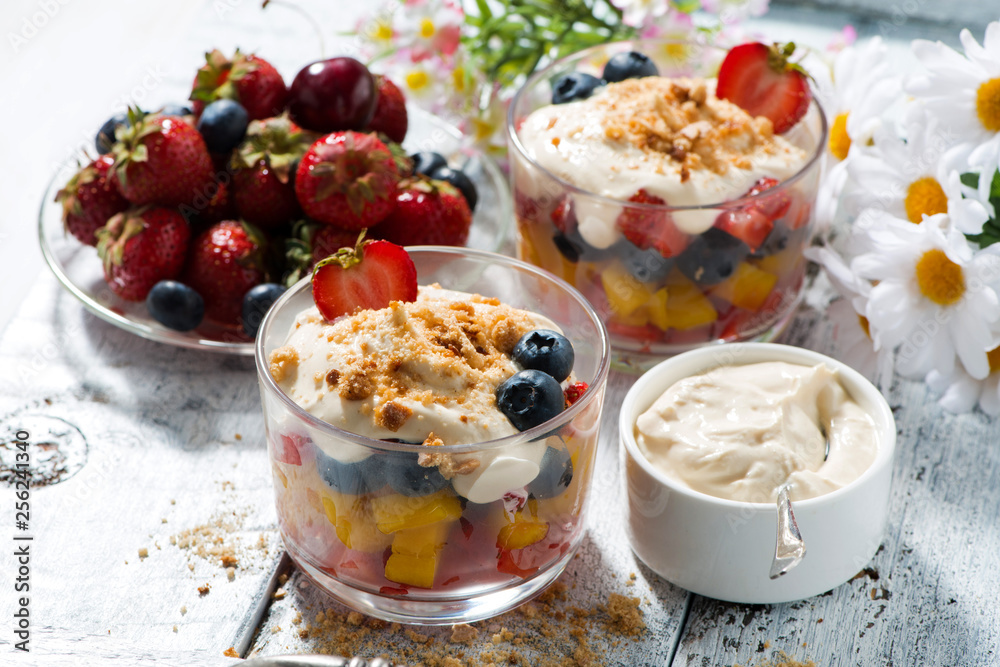 fresh fruit dessert with custard, closeup fresh fruit dessert with custard, closeup