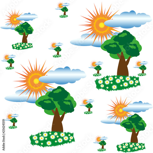 Pattern without background, for the design of sites, building walls, clothes. The image of a fabulous tree, clouds and the sun, is used for the pattern.