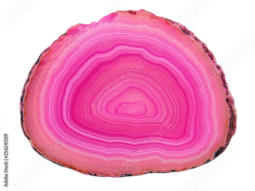 Amazing cross section of Pink Agate Crystal cut isolated on white background. Natural translucent agate crystal surface, Pink abstract structure slice mineral stone macro closeup