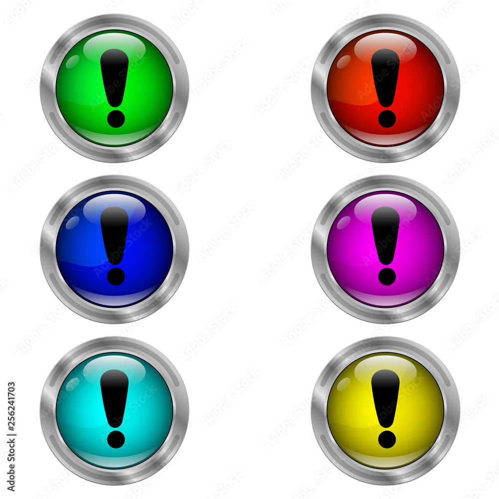 Warning icon. Set of color round icons. Warning icon. Set of color round icons.