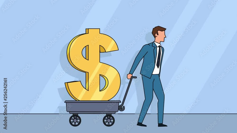 Flat cartoon businessman character pulls cart with dollar sign money concept animation with alpha matte Flat cartoon businessman character pulls cart with dollar sign money concept animation with alpha matte