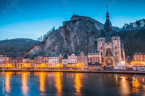 Historic town of Dinant with river Meuse at night, Wallonia, Belgium