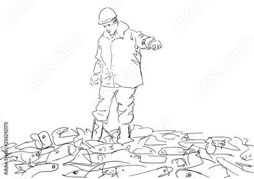 Fish industry worker on a pile of fish. Workman in uniform, helmet, rubber boots and gloves. Black contour vector illustration.