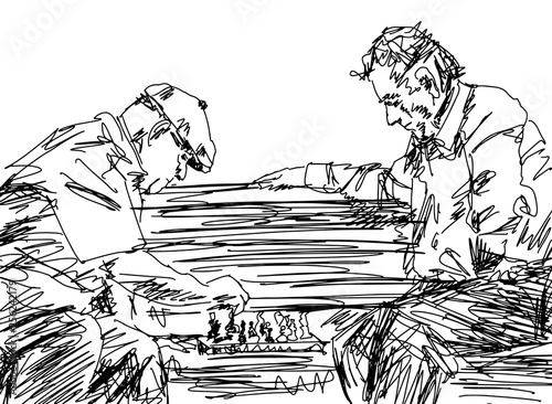 Two pensioners playing chess on the bench. Old friends spend time together. Brain games can help to prevent Alzheimer's. Hobby, pastime. Pencil sketching. Vector.