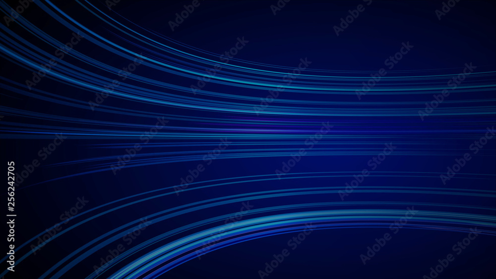 Blue colorful abstract background with animation moving of lines for fiber optic network. Magic flickering glowing flying lines. Animation of seamless loop. Bright  thick stripes flying.