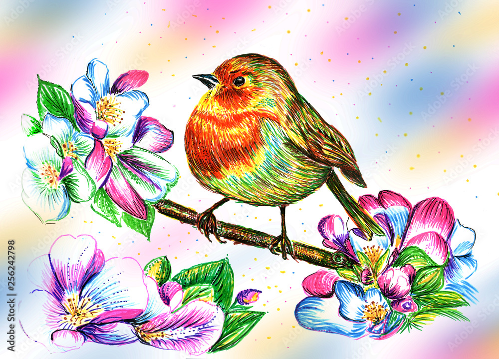 robin bird sits on an apple tree branch. freehand drawing