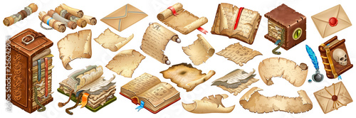 Set isometric books of magic spells and witchcraft, royal scrolls and parchments, old sheets of paper post paper envelope sealed with wax seal for computer game. Isolated 3d vector illustration.