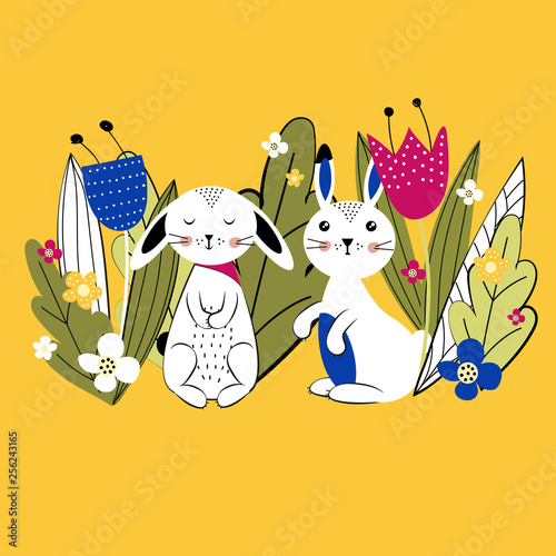Hello spring  Colorful flowers and sweet rabbits