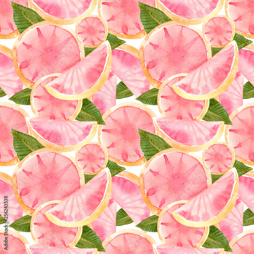 Tropical seamless pattern with red oranges, grapefruit. Fruit repeated background. Watercolor bright print for fabric or wallpaper