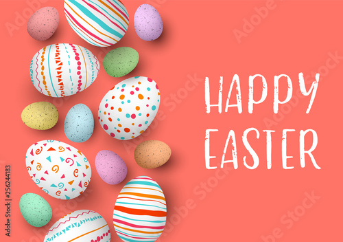 Happy Easter eggs in a row with text. Colorful easter eggs on coral background. hand font. Scandinavian ornaments