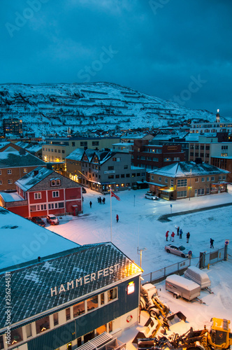 Twilight view of Hammerfest, Norway from the harbor at Christmas