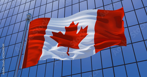 Photography Canadian flag on skyscraper building background. 3d illustration