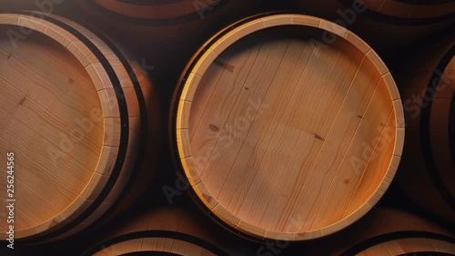 Wine or Whiskey in vaults. Barrel in the basement. Wine, beer, Whiskey barrels stacked at the warehouse. Looped animation. 3D animation