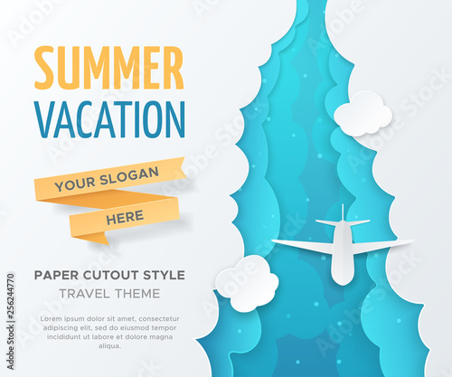 Vector travel landscape with 3D realistic paper cut out objects (airplane, clouds and ribbon). Template in paper style for design of flyers, leaflets and banners. Carving art with blue background.