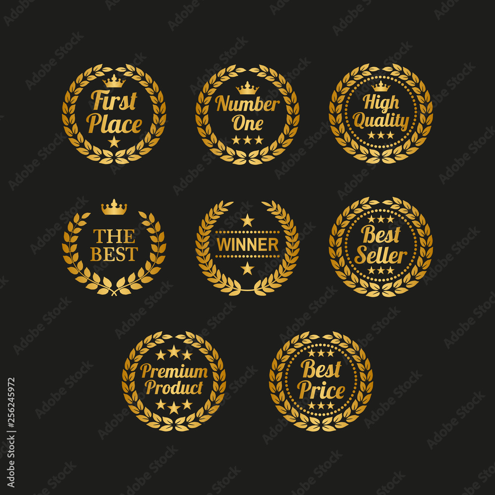 Set of golden laurel wreaths on black background. Set of golden laurel wreaths on black background.
