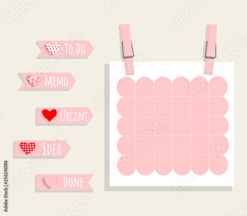 Set of romantic pink planner, notes, to do list. Vector stationary template