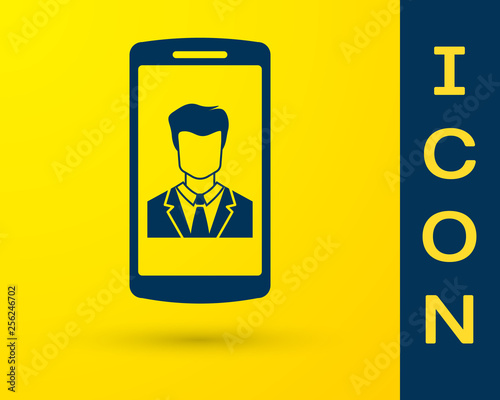 Blue Smartphone with contact on screen icon isolated on yellow background. Incoming call. Human on phone screen. Call contact. Vector Illustration