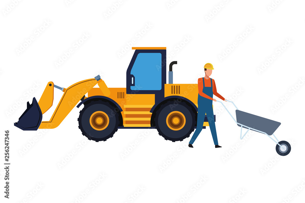 Construction worker with wheelbarrow and backhoe colorful