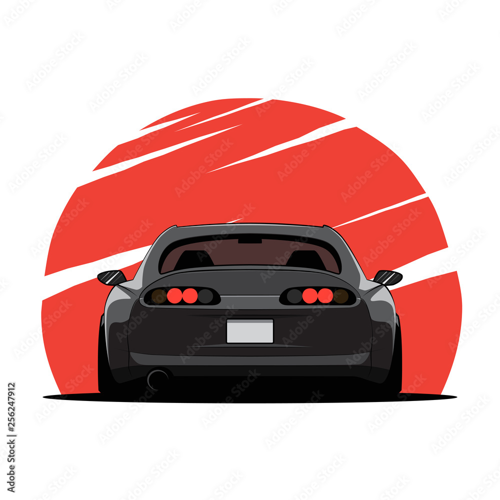 Cartoon japan tuned car on red sun background. Back view. Vector illustration Stock Vector