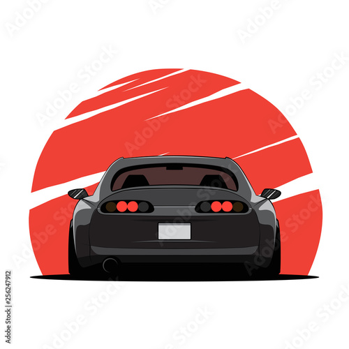 Cartoon japan tuned car on red sun background. Back view. Vector illustration photo