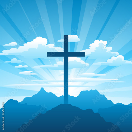 Easter illustration. Greeting card with cross and clouds.