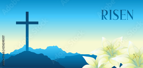 Risen. Easter illustration. Greeting card with cross and lilies.