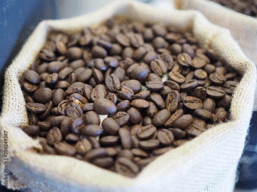 Fototapeta premium Coffee beans in burlap bag 