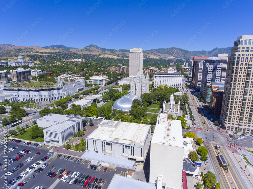 Aerial view of Temple Square, including Salt Lake Temple, LDS Church Office Building in downtown Salt Lake City, Utah, USA.