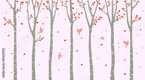 Birch tree with birds silhouette on pink background