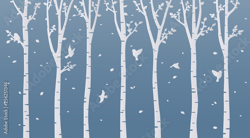 Paper art birch tree on blue background