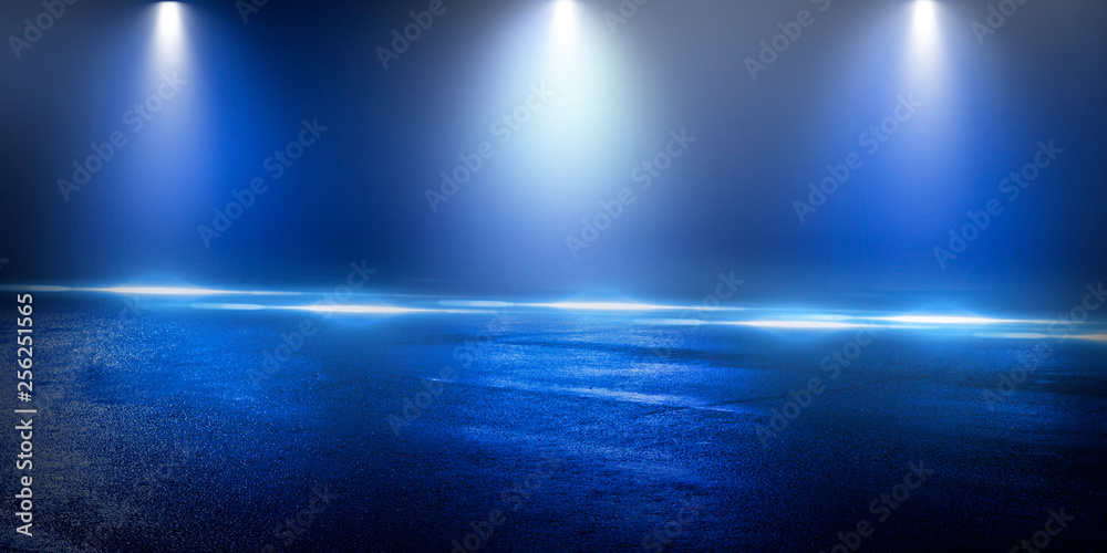 Background of the room with concrete pavement. Blue and pink neon light. Smoke, fog, wet asphalt with reflection of lights. Abstract light, searchlight rays. Night view of the street with lights, dark