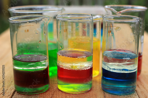 Photography Multicomponent systems of liquids in chemical glasses, insoluble in each other liquids with different densities