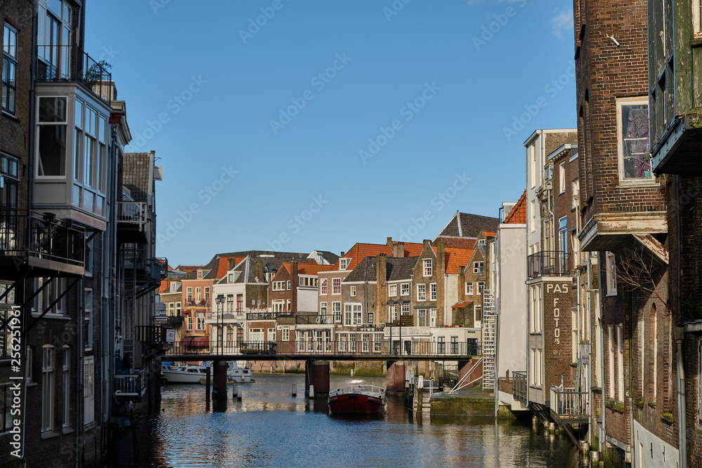 Dordrecht city - typical facade and buildings with waterways - Netherlands - Holland