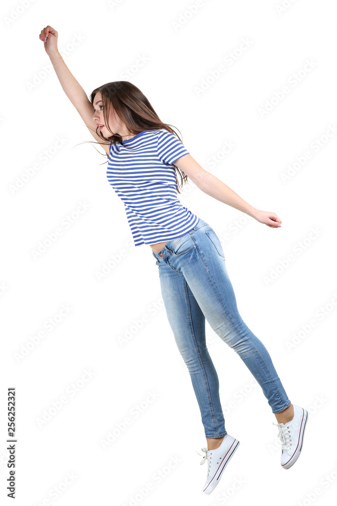 Jumping beautiful girl on white background Jumping beautiful girl on white background