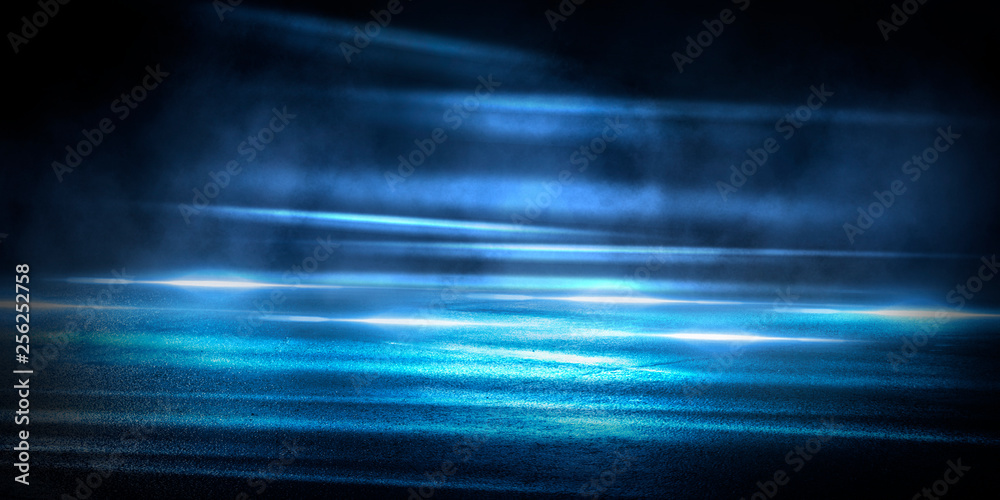 Background of the room with concrete pavement. Blue and pink neon light. Smoke, fog, wet asphalt with reflection of lights. Abstract light, searchlight rays. Night view of the street with lights, dark