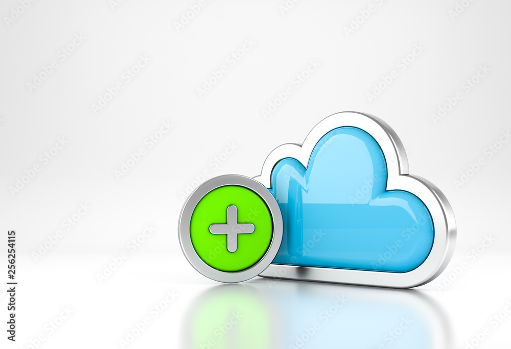 Cloud Computing internet Symbol concept with plus icon on white background. 3D rendering.