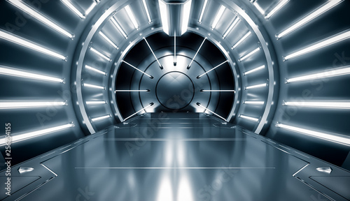 Futuristic tunnel of metal and steel with light. Long corridor interior view. Future sci-fi background concept. 3D rendering.