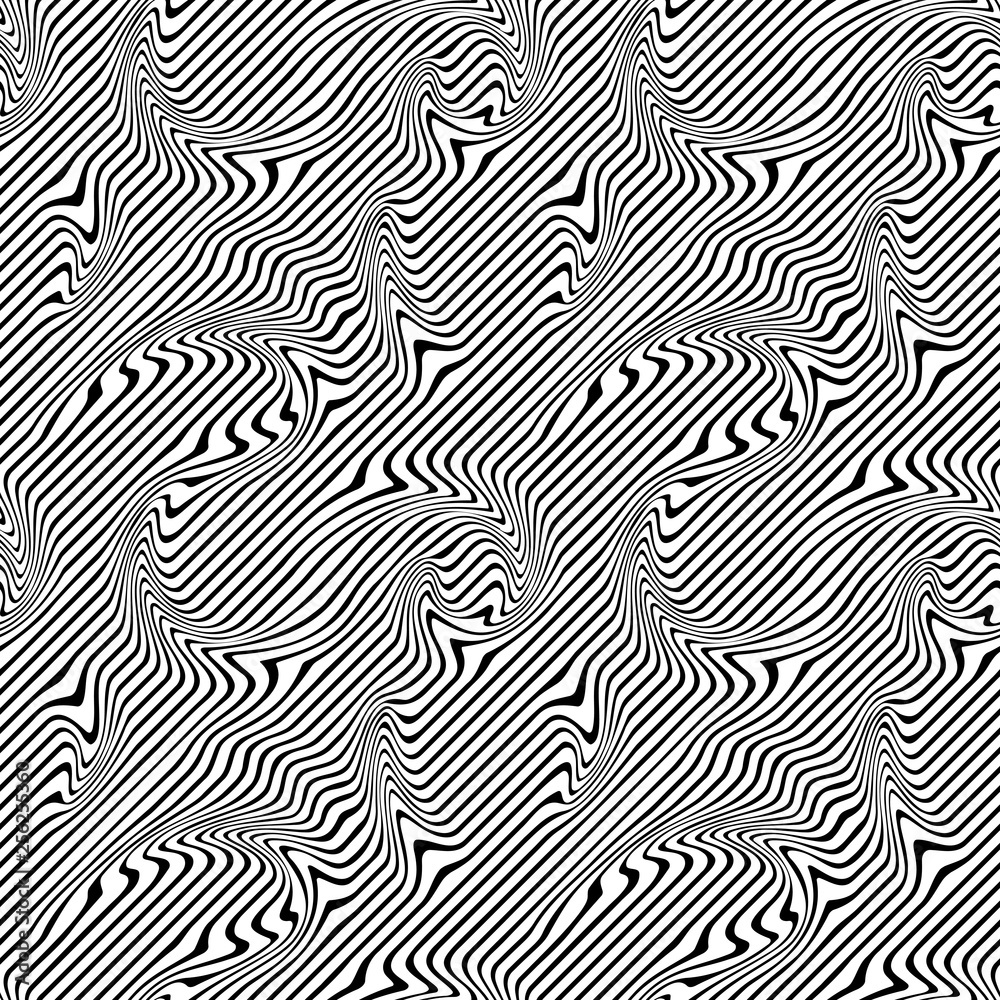 Fototapeta premium Abstract Illustration of Wave Stripes. Black and White Striped Background with Geometric Pattern and Visual Distortion Effect. Abstract Geometric Pattern Texture