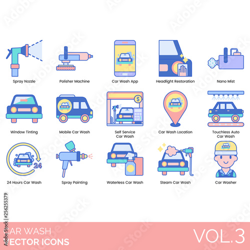 Car wash icons including spray nozzle, polisher machine, app, headlight restoration, nano mist, window tinting, mobile, self-service, location, touchless auto, 24 hours, painting, waterless, steam.