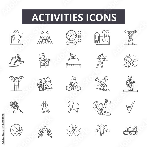 Activities line icons. Editable stroke. Concept illustrations: active people, woman lifestyle, man leisure, happy summer etc. Activities  outline icons