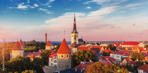 Aerial view of Tallinn old town on sunset time. Estonia