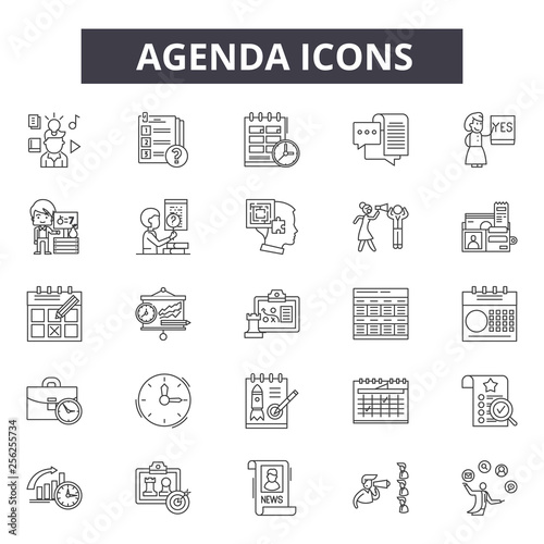 Agenda line icons. Editable stroke. Concept illustrations: meeting, business, calendar, schedule, appointment etc. Agenda  outline icons