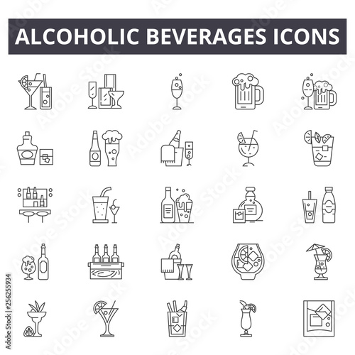 Alcoholic beverages line icons for web and mobile. Editable stroke signs. Alcoholic beverages  outline concept illustrations